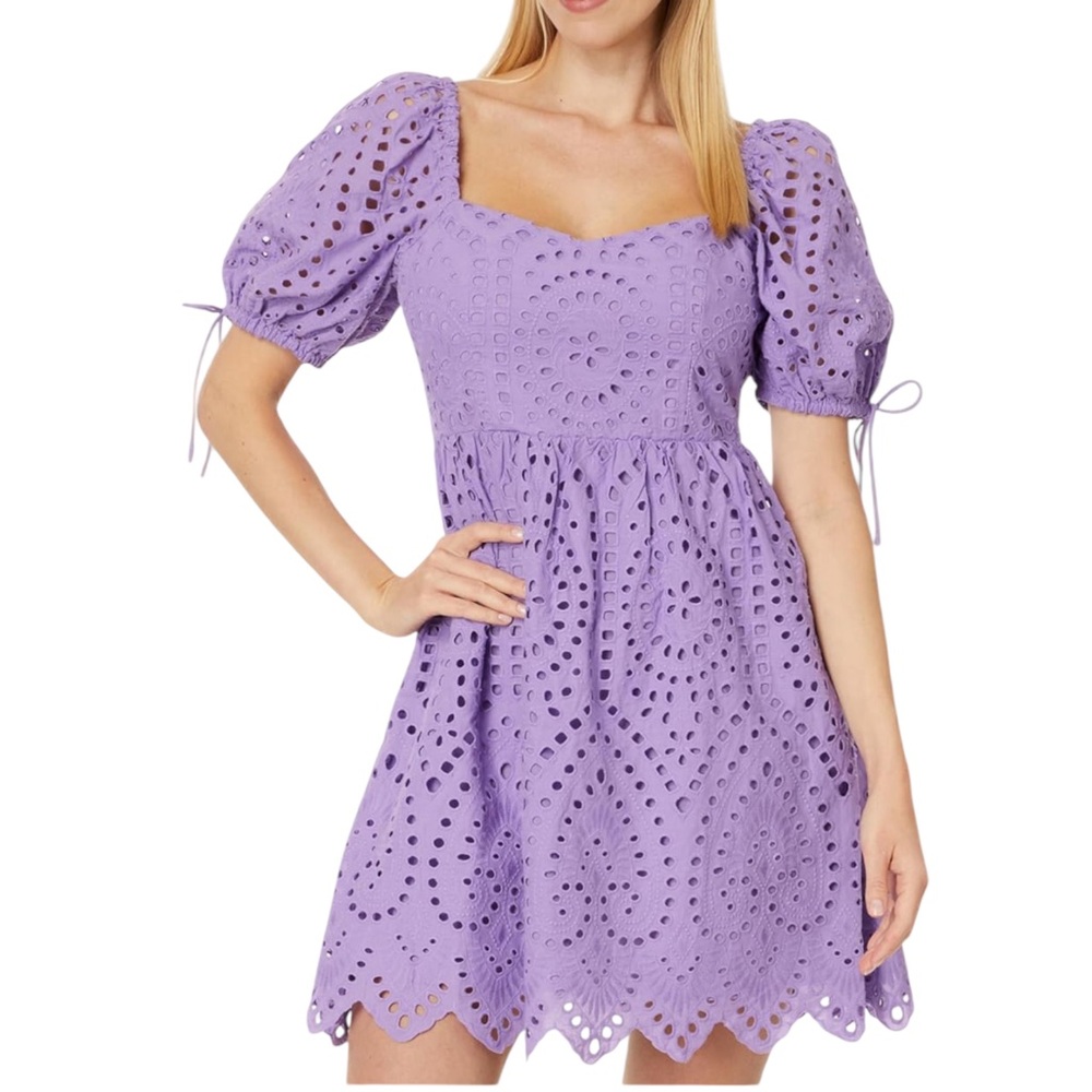 English Factory Scallop Edge Mini Dress Sz S Lavender Purple Puffy Sleeves NWT